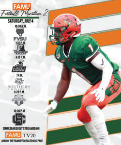  /></div>
<p><em><strong>Rattlers Can Enjoy Highlights from the 9-2 2019 Season&nbsp;</strong></em></p>
<p>On Independence Day, Florida A&M University (FAMU) football fans can celebrate gridiron fireworks from the 2019 Rattler football season.</p>
<p>FAMU Football Marathon 2 will include more than 12 hours of rebroadcast football games against Fort Valley State University, Morgan State University, Norfolk State University, and Southern University. The television event culminates with a pregame show then the Florida Classic against Bethune- Cookman University.&nbsp;</p>
<p>Games will be broadcast from 10:30 a.m. Saturday, July 4, on FAMU-TV20 and streamed simultaneously to a global audience on the FAMU-TV20 Facebook page.&nbsp;</p>
<p>&ldquo;This is a great opportunity for us to highlight our student-athletes and the success of our program under Head Coach&nbsp;<a href=