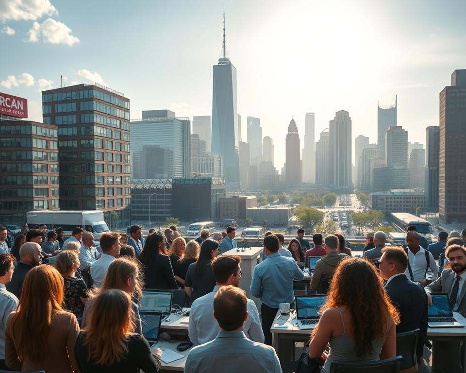 A bustling city scene depicting various grant programs for local businesses, captured in a wide-angle lens with a shallow depth of field. In the foreground, a diverse group of entrepreneurs gather around a podium, listening intently to a speaker discussing the details of a state-sponsored grant initiative. In the middle ground, rows of desks and laptops represent the administrative processes of the grant application and review. In the background, a towering city skyline with modern architecture and a vibrant, sun-drenched atmosphere conveys a sense of progress and opportunity. The overall mood is one of anticipation and optimism, highlighting the potential for small businesses to access the resources they need to grow and thrive.