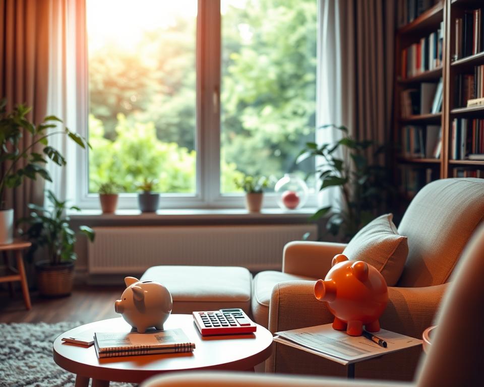A serene retirement scene with a cozy living room setting. In the foreground, a comfortable armchair and a side table with a piggy bank, calculator, and financial documents. The middle ground features a large window overlooking a lush, verdant garden. Warm, soft lighting illuminates the room, creating a sense of tranquility and financial security. In the background, bookshelves line the walls, symbolizing a lifetime of knowledge and wisdom. The overall atmosphere conveys a feeling of peaceful contemplation, inviting the viewer to consider their own retirement savings strategies.