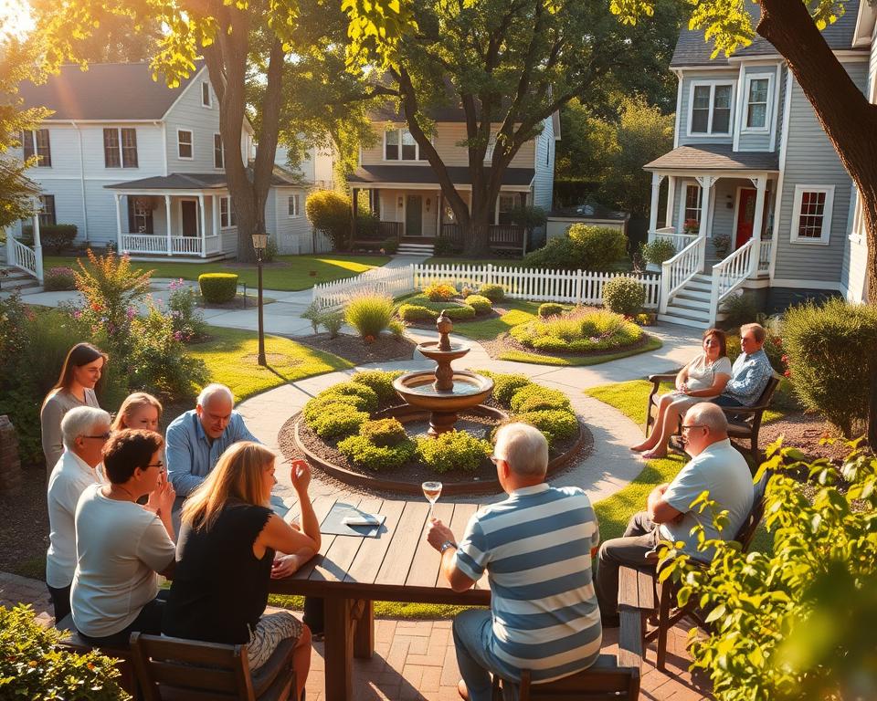 A cozy neighborhood forum nestled in a vibrant community, bathed in warm afternoon sunlight. In the foreground, a group of residents gathered around a wooden table, engaged in lively discussions. The middle ground features lush greenery, a small fountain, and benches where neighbors pause to connect. In the background, charming two-story houses with well-tended gardens and picket fences line the streets, creating a sense of tranquility. The scene is captured with a soft, inviting lens, conveying the spirit of togetherness and the comfort of a close-knit neighborhood.