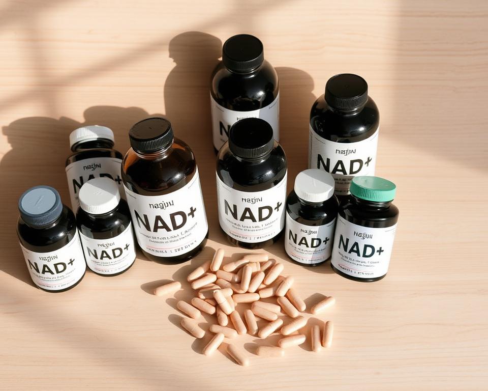 A high-quality still life shot of NAD+ supplement bottles, capsules, and pills arranged on a clean, minimalist wooden surface. The lighting is soft and diffused, creating gentle shadows that add depth and dimension to the scene. The bottles are presented in a visually appealing, symmetrical layout, with the labels clearly visible to showcase the NAD+ branding. The color palette is muted and earthy, with natural hues complementing the organic nature of the supplements. The overall composition is balanced and aesthetically pleasing, capturing the essence of "NAD+ at Home: Options for Boosting Your Levels" in a visually compelling manner.