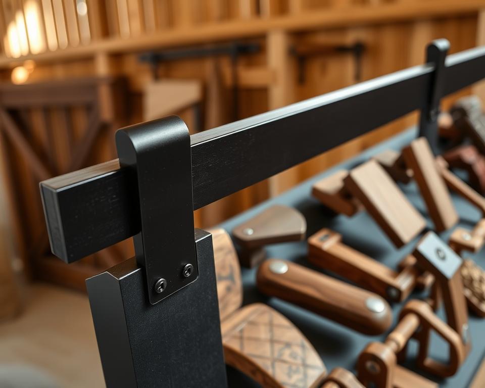 A well-lit modern barn door hardware display, showcasing a variety of high-quality steel and wood pieces. In the foreground, a close-up of a sleek, black matte sliding rail system with minimal hardware, highlighting its clean, contemporary design. In the middle ground, a selection of handcrafted rustic wooden barn door handles and pulls, each with unique textures and finishes. The background features a wooden barn-style backdrop, bathed in soft, natural lighting, creating a warm, inviting atmosphere that complements the premium hardware. The overall composition emphasizes the craftsmanship, versatility, and visual appeal of the modern barn door hardware collection.
